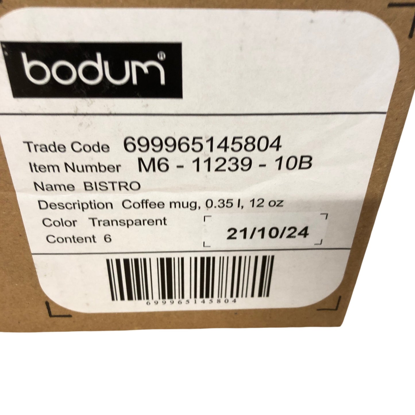 BODUM BISTRO Transparent Coffee Mug 0.35L 12oz Pack of 6 New