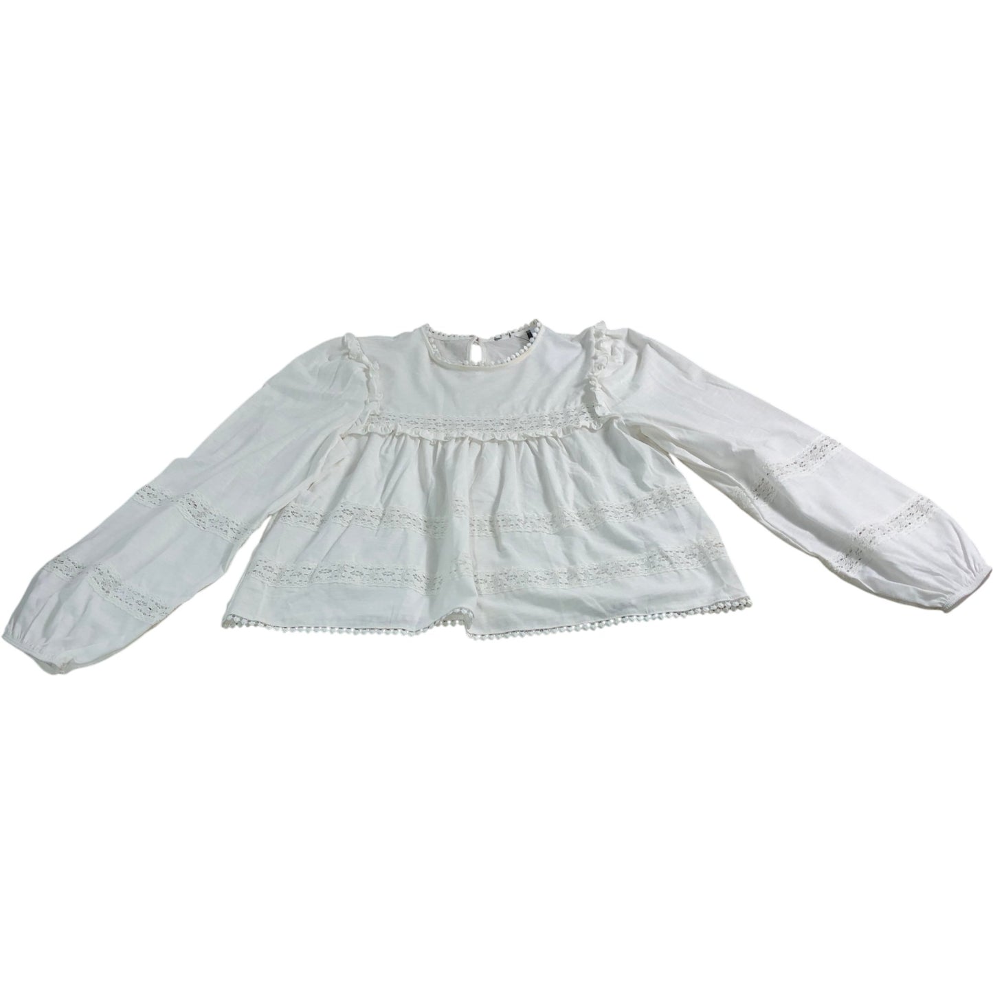 Branded Women's White Ruffled Sleeve Lace Blouse Size 12 Cotton Lace Detail Top