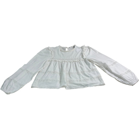 Branded Women's White Ruffled Sleeve Lace Blouse Size 12 Cotton Lace Detail Top