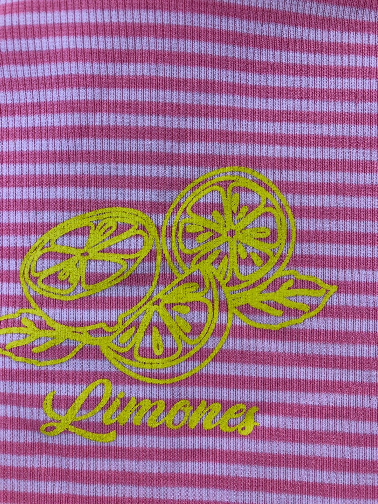 RIVER ISLAND Girls T-Shirt UK5-6 Years Pink Striped Lemon Print Ruffled Hem