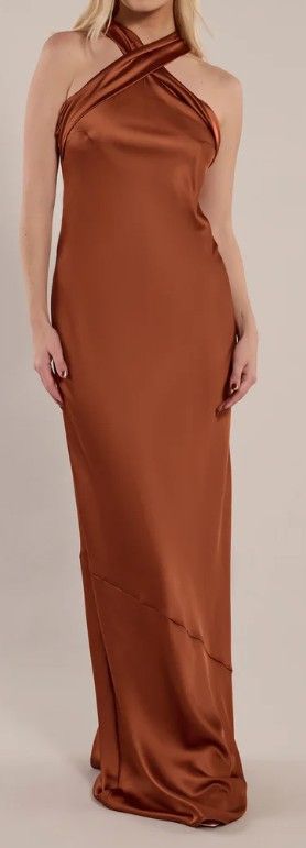 Rewritten Halterneck Maxi Dress UK10 Womens Cinnamon Long Smooth Sleeveless