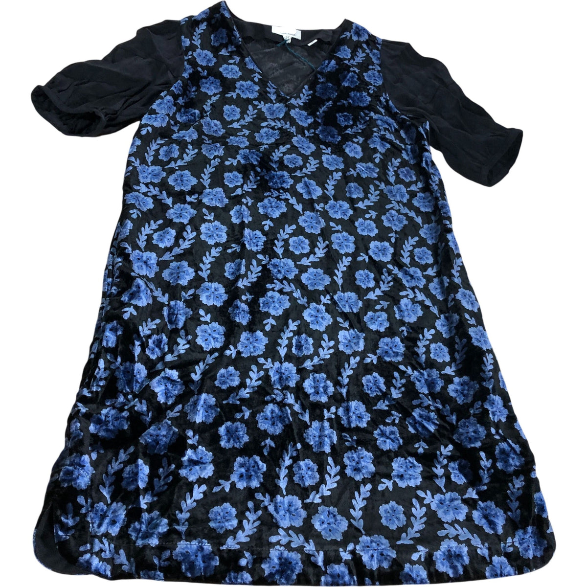 Cleo Blue Velvet Mix Dress UK10 Women's Floral Pattern V Neck