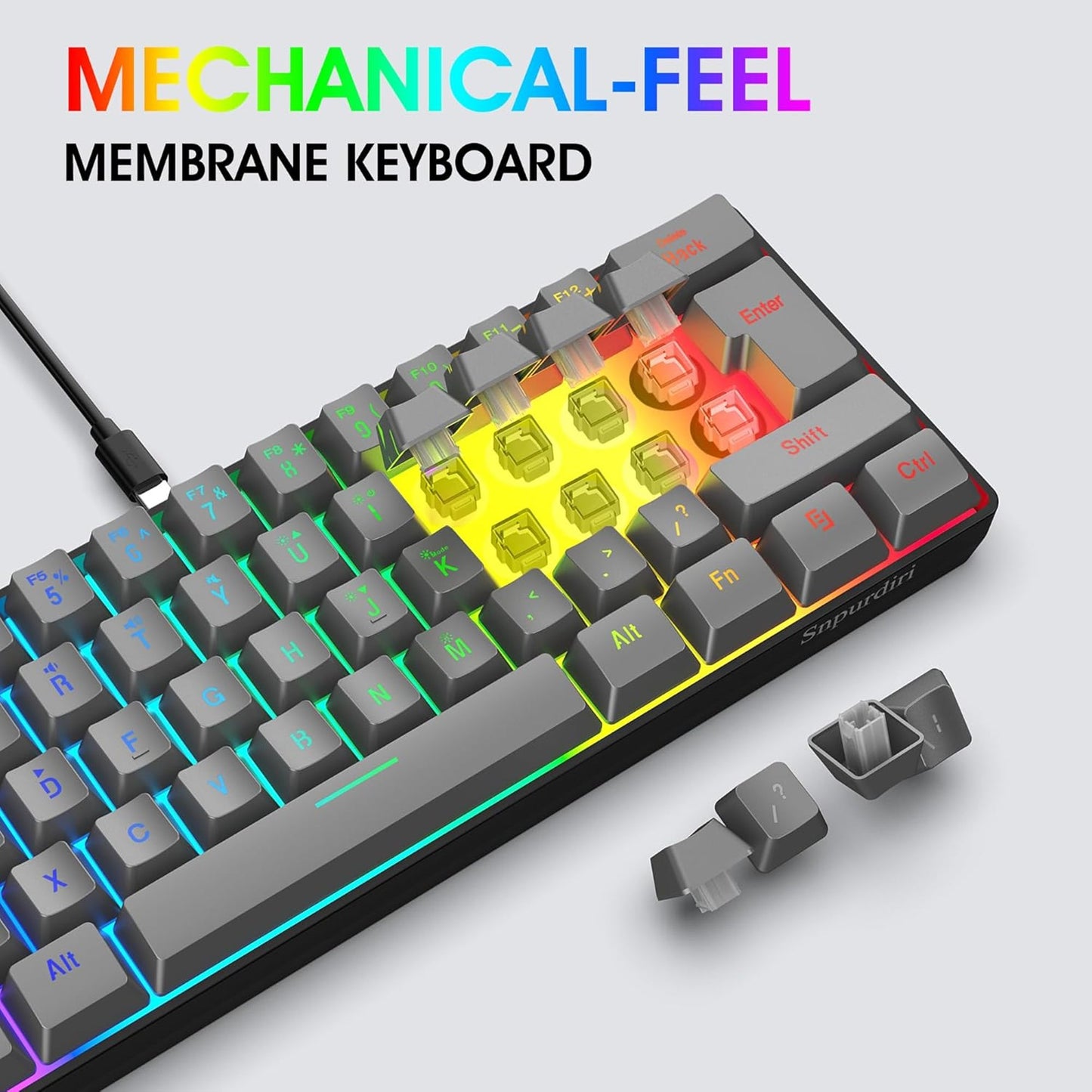 Snpurdiri 60% Percent Gaming Keyboard Wired  Compact, 61 Keys Iron Grey