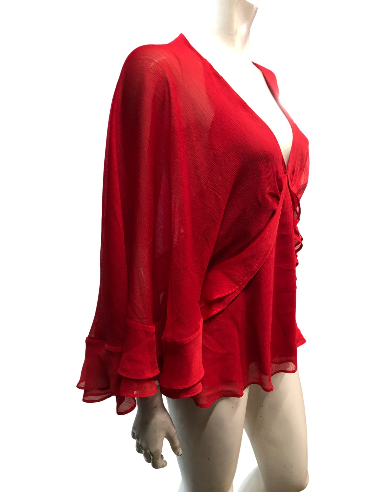 River Island UK10 Women Red Sheer Blouse Top Flutter Sleeves V Neck Style