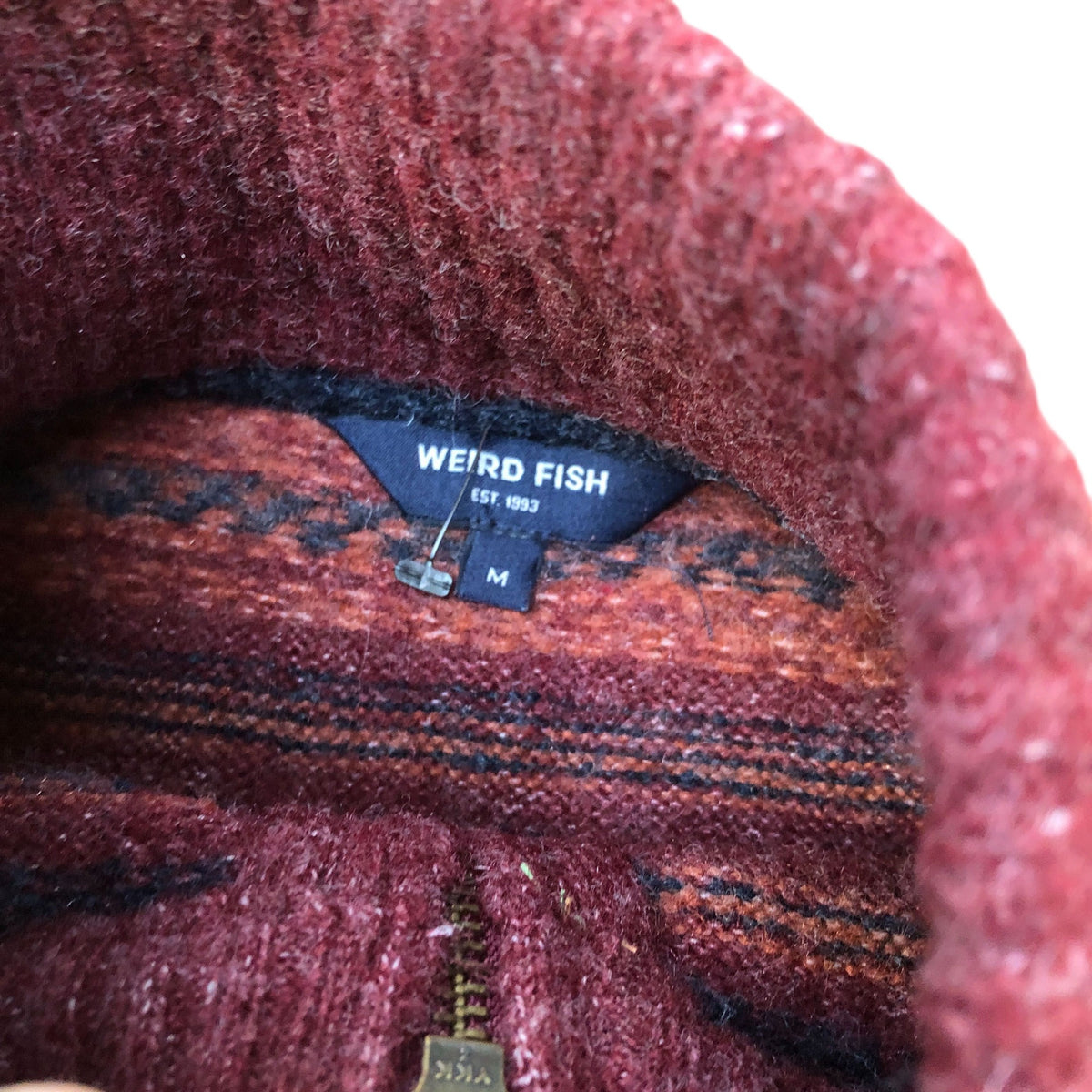 Weird Fish Zip Neck Garnet Striped Knit Wool Blend Sweater Size M
