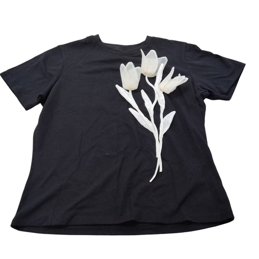 River Island Womens Black T-Shirt UK Size S Floral Design Short Sleeves