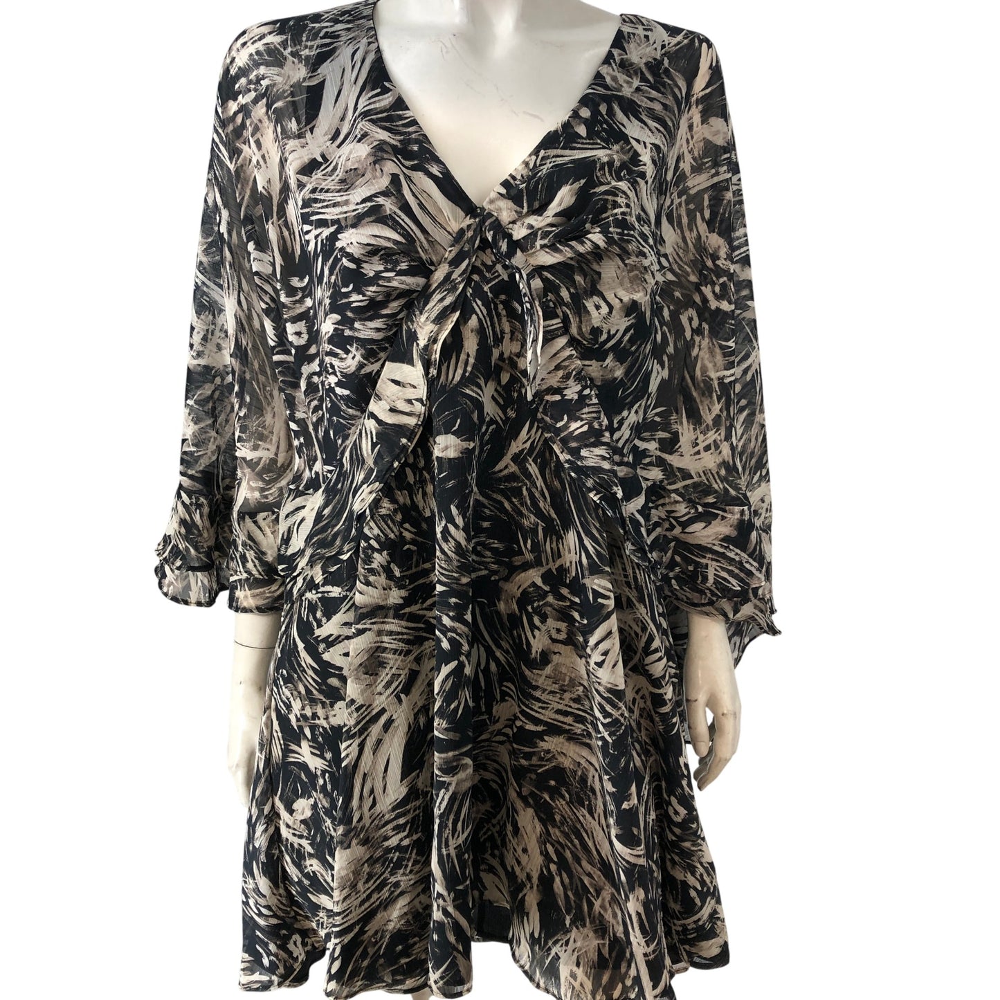 River Island Summer Top UK18 Women's Flowy Floral Print V Neck Brown Dress