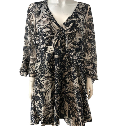River Island Summer Top UK18 Women's Flowy Floral Print V Neck Brown Dress