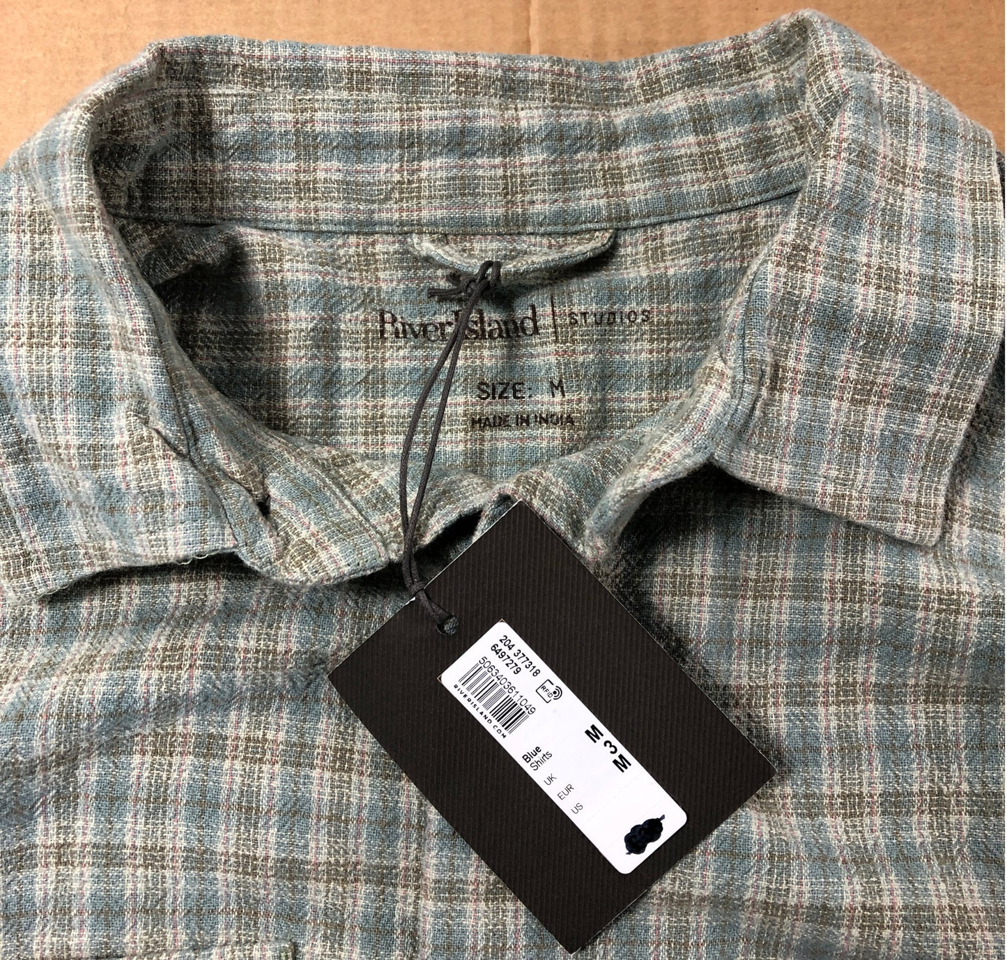 RIVER ISLAND Short Sleeve Shirt Size M Men's Check Cotton Textured Blue