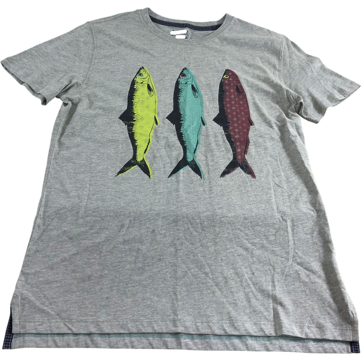 Pattern Fish Graphic T-Shirt UK S Men's Grey Short Sleeve Casual