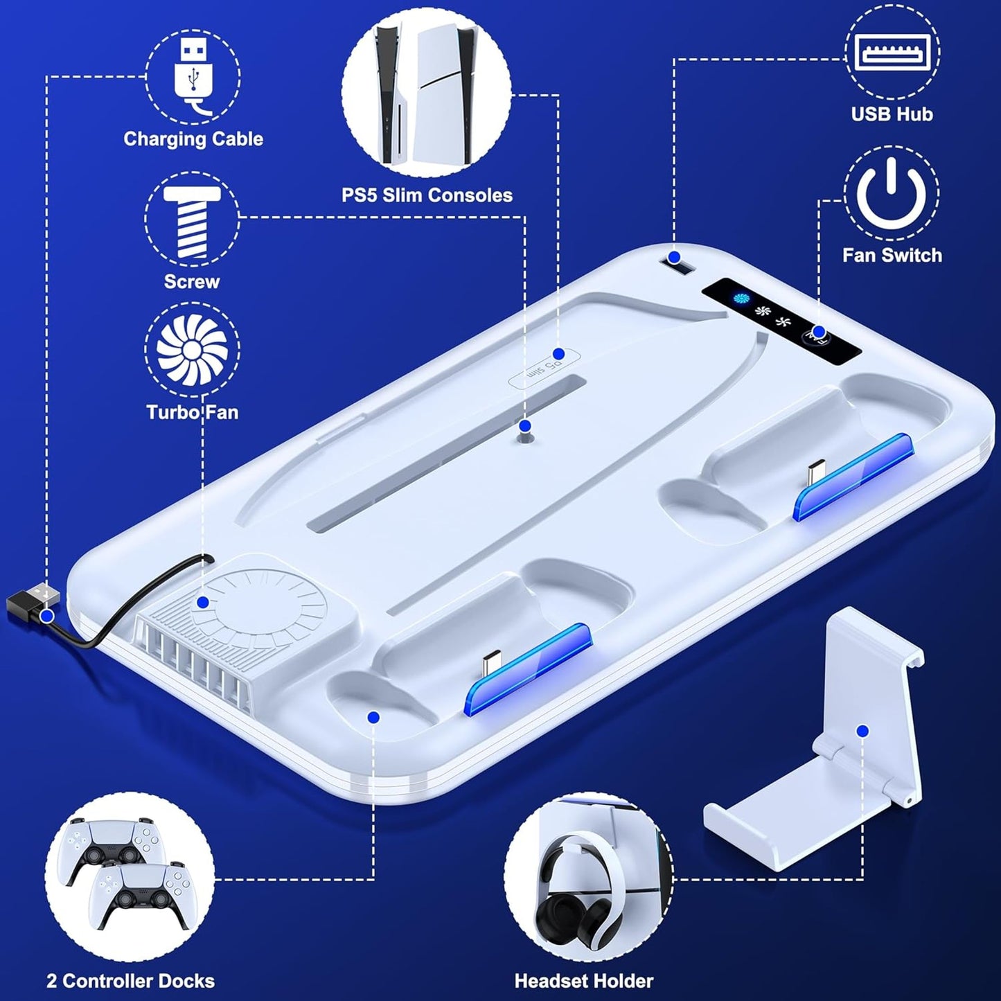 HEYLICOOL PS5 Slim Stand and Cooling Station with Dual Controller Charging