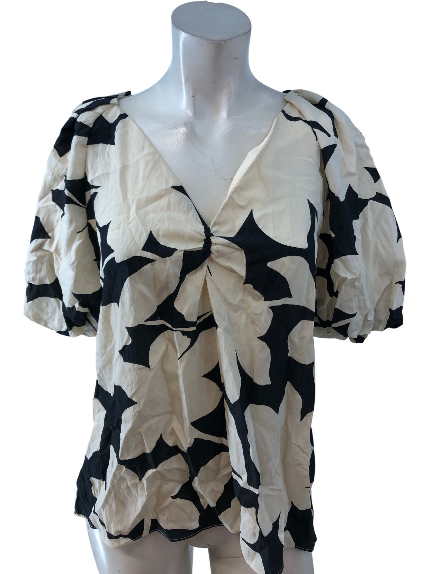 River Island Black And Cream Floral Puff Sleeve Top UK8 Women's Blouse