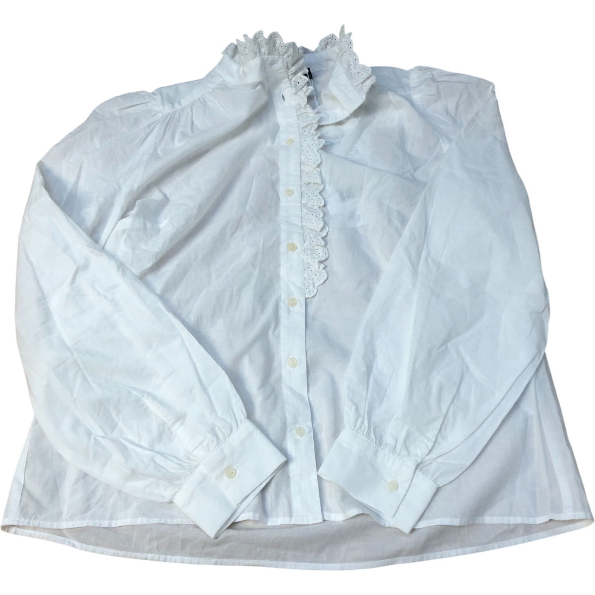 Baukjen White Blouse UK10 Women's Cotton Long Sleeve Ruffled Neck Lace Detail