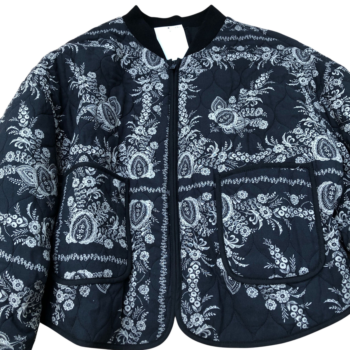 Floral Cropped Bomber Jacket Women's Black Quilted UK18