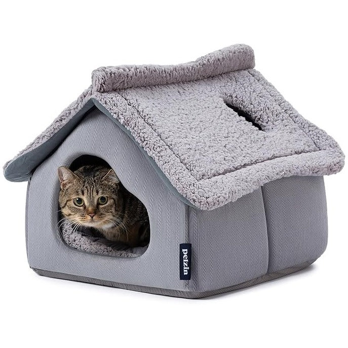 Pelzin Indoor Cat House Large Cat Cave Bed with Removable Cushion Comfort