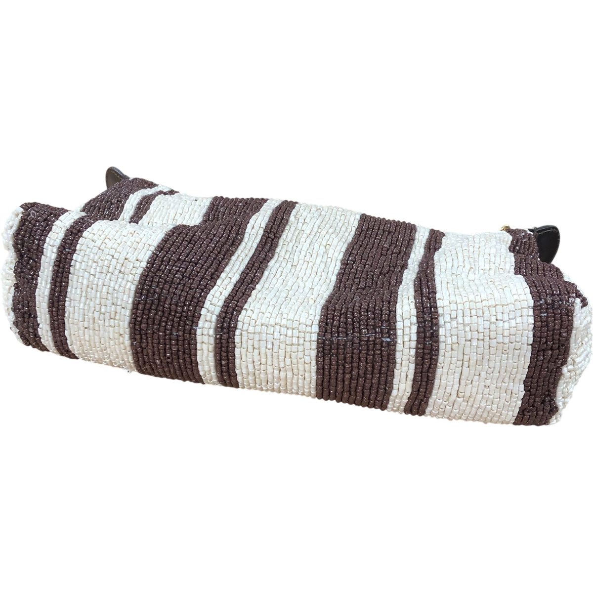 Isla Stripe Beaded Clutch Bag Brown & Cream Gold Handle