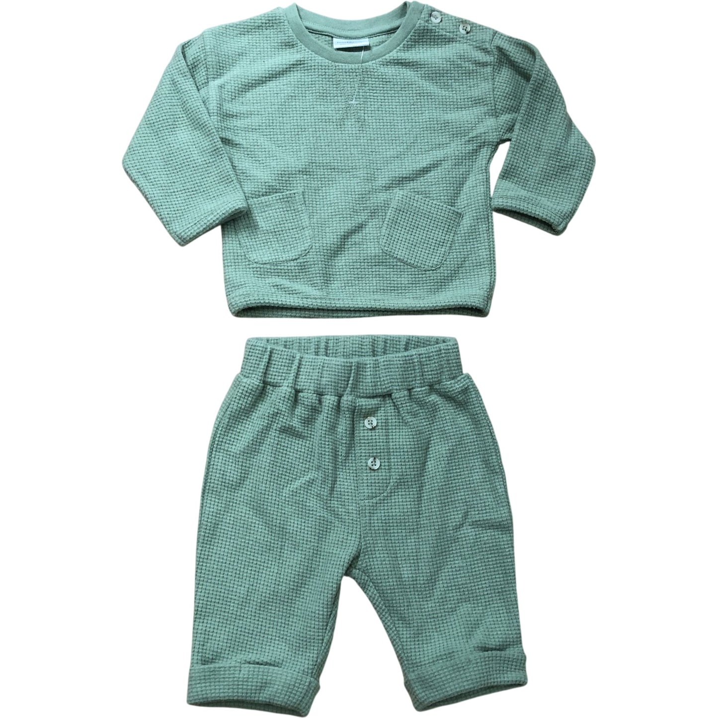 Petit Tigre Baby Outfit Set 0-3 Months Green Waffle Knit Top And Pants