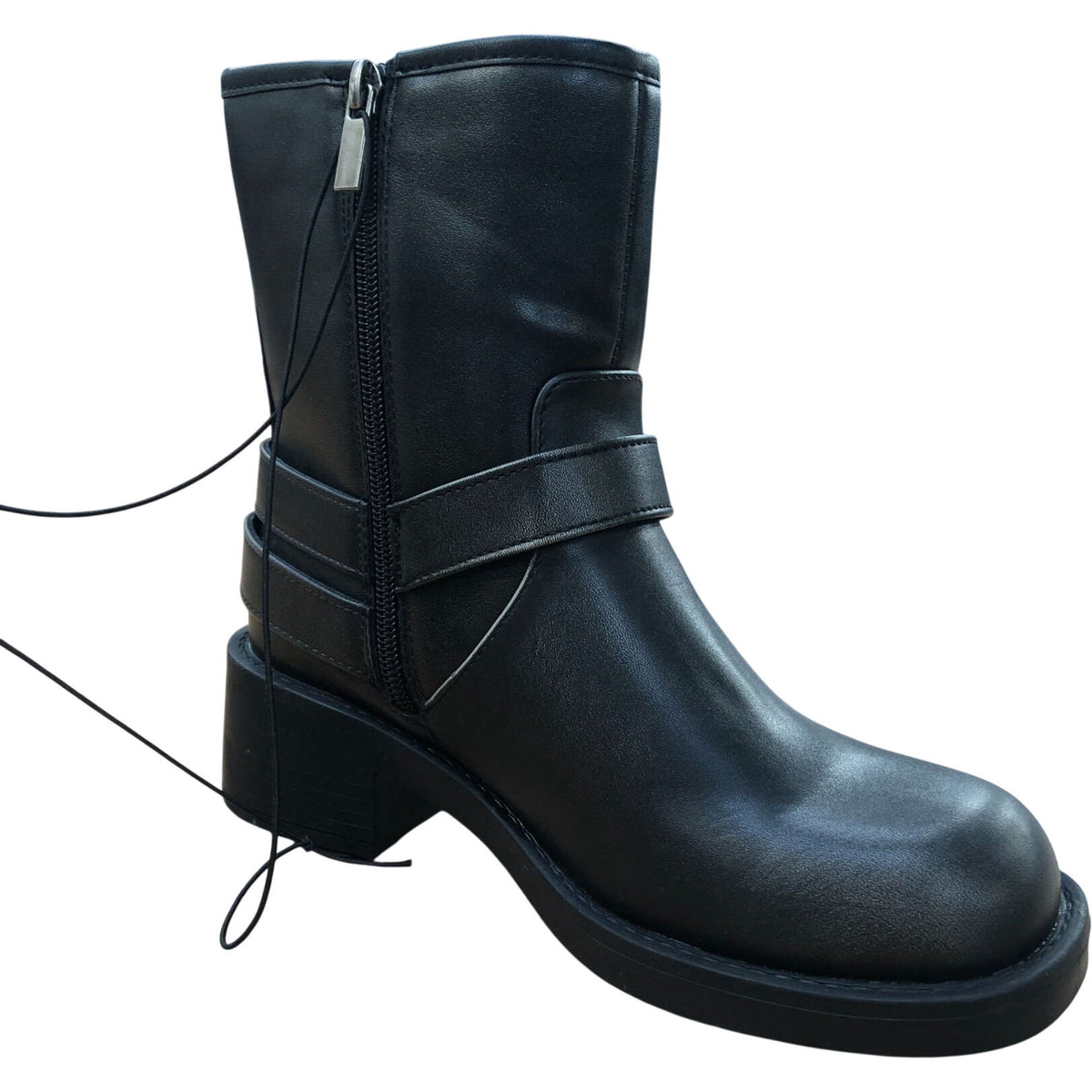 Chunky Heeled Ankle Boots UK4 Women's Black Faux Leather Zipper Detail