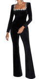 Nadine Merabi Velvet Black Jumpsuit Women's Long Sleeve Embellished Size 18
