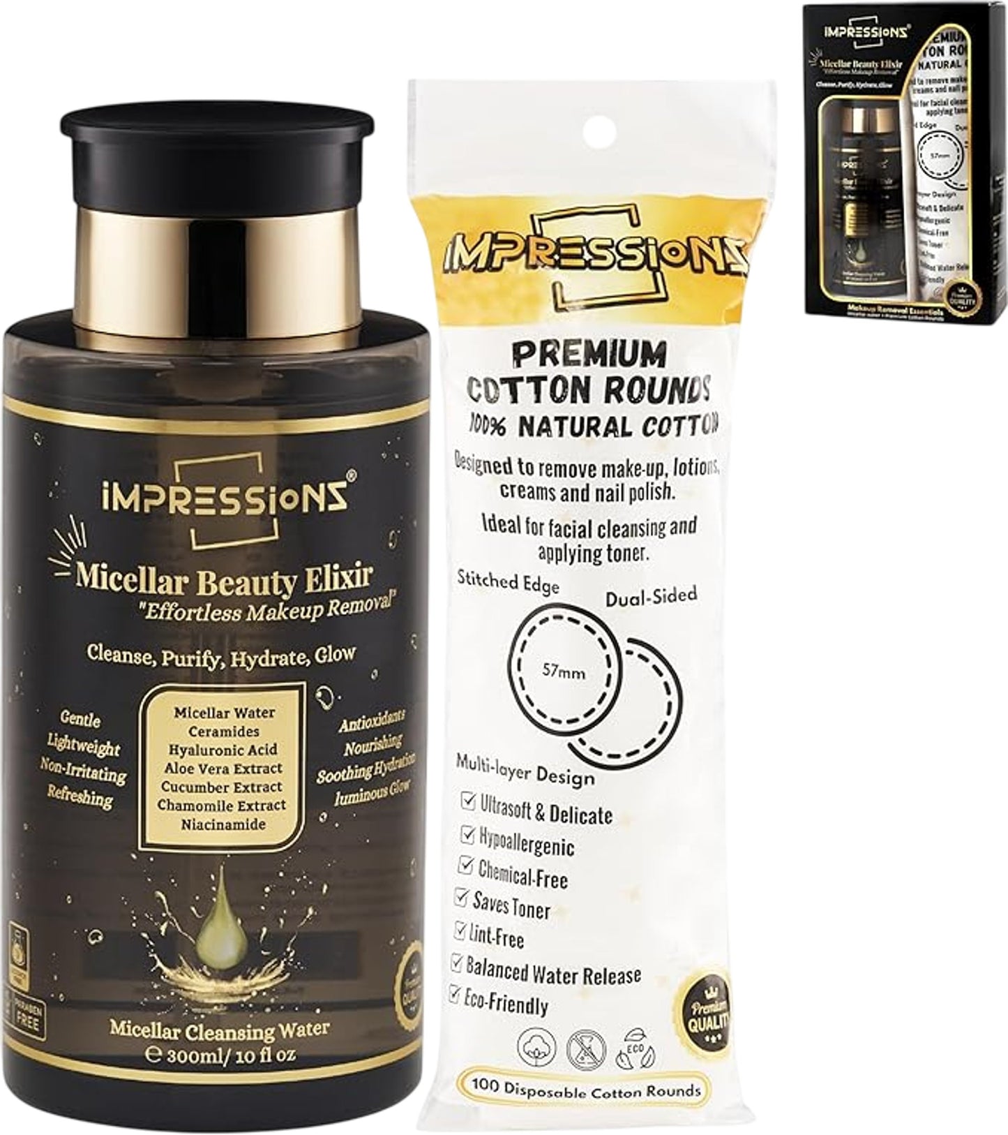 IMPRESSIONS Micellar Beauty Elixir Cleansing 100ml Makeup Removal Cottons Rounds