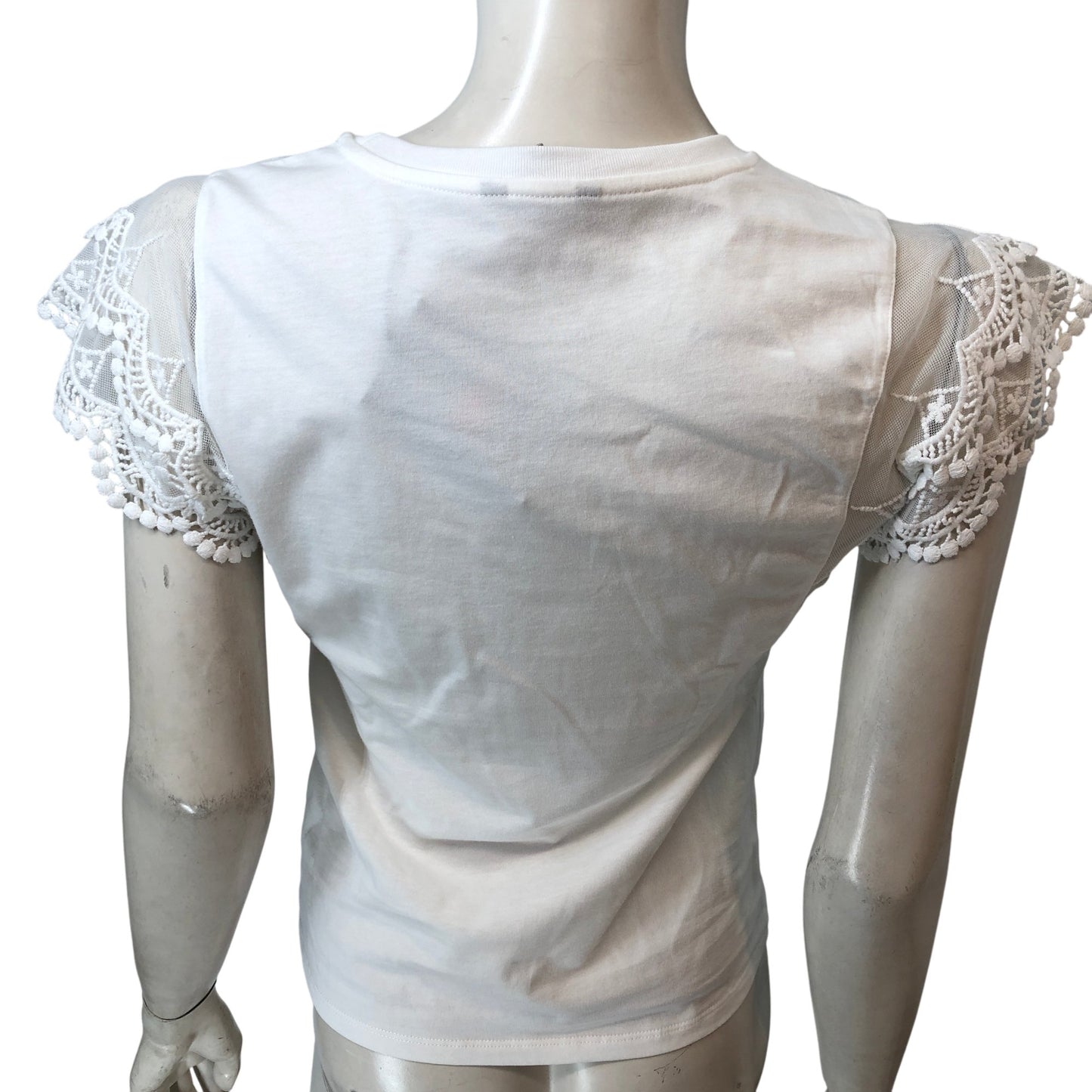 River Island Women's White Top XS Lace Cap Sleeve T-Shirt Elegant Casual