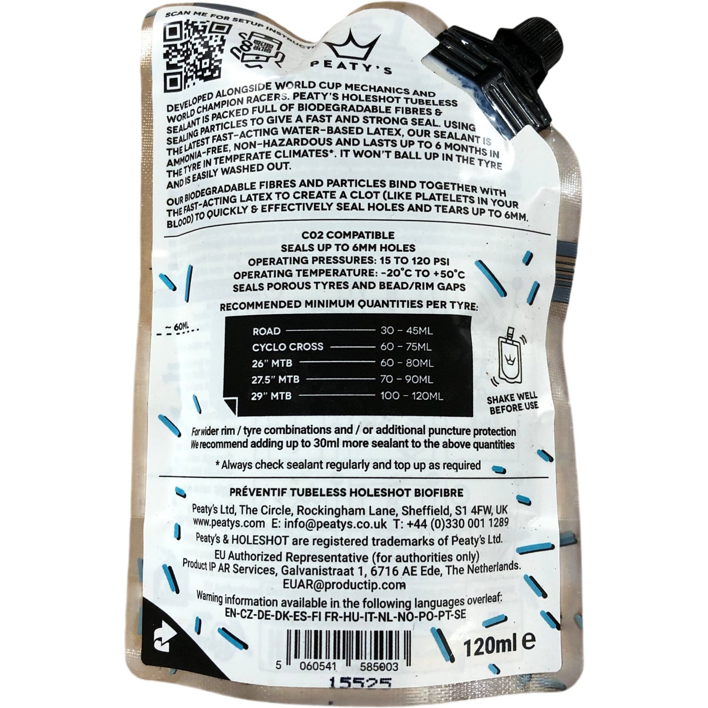 Peaty's Holeshot Biofibre Tubeless Tyre Sealant 120ml C02 Compatible AmmoniaFree