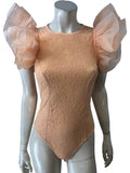 River Island Bodysuit UK XS Women's Lace Puff Sleeve Peach Design
