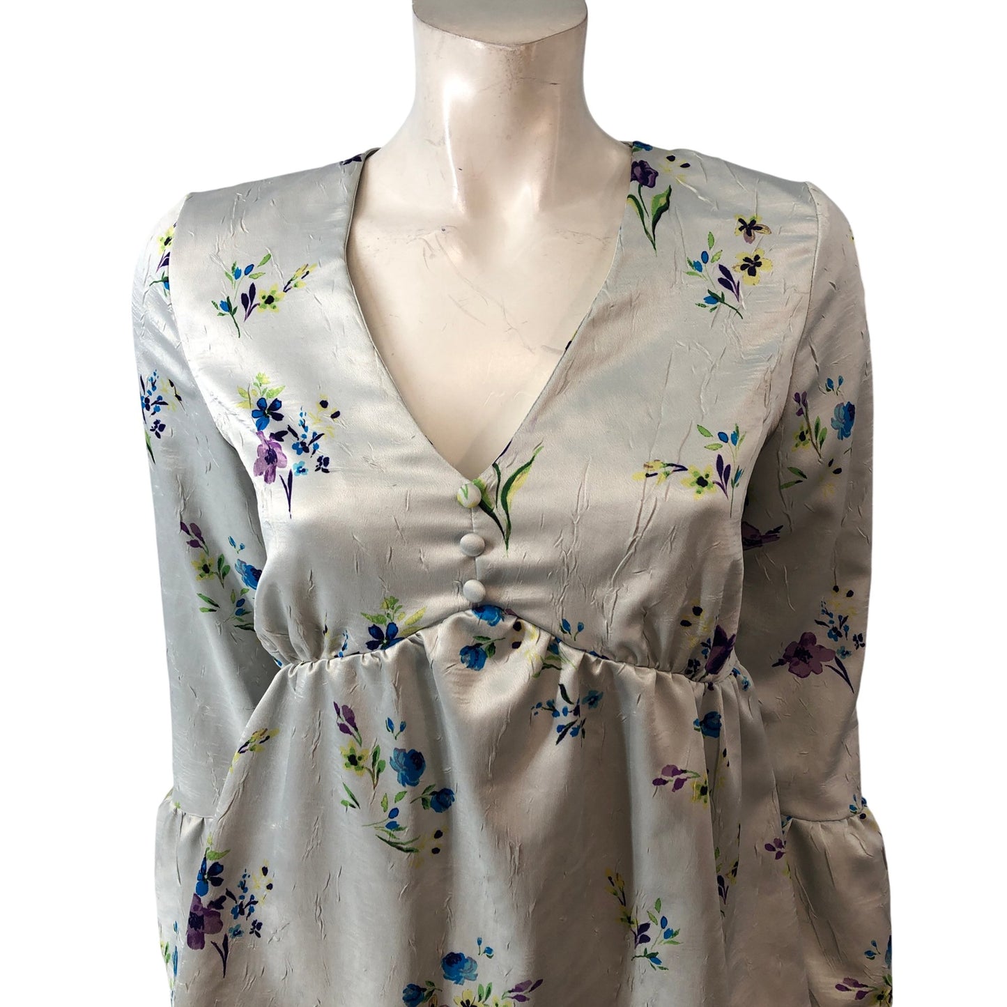 River Island Floral Print Peplum Top Women's Pale Silver Long Sleeve Size 8