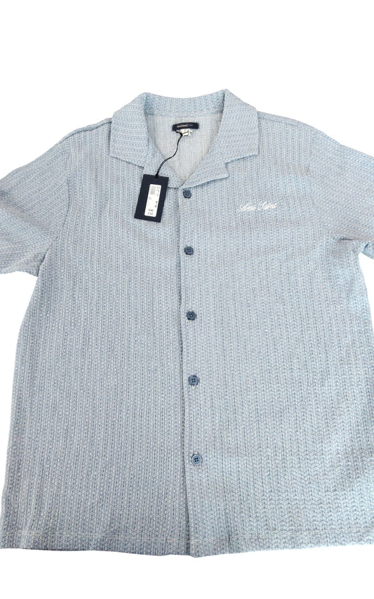 River Island Mens M Short Sleeve Shirt Blue Waffle Knit Cotton Blend Top
