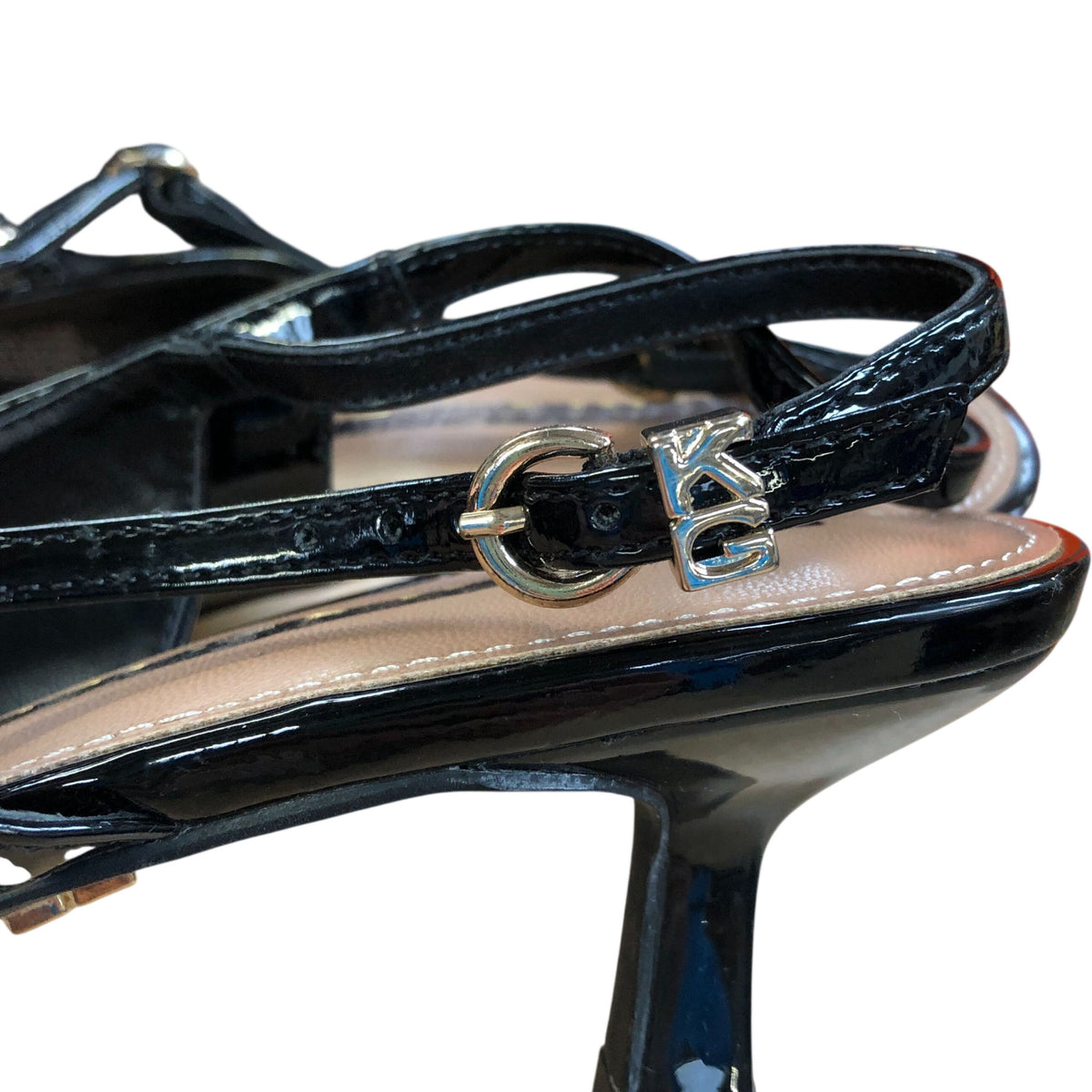 Pointed Toe Slingback Heels Black Faux Patent Leather Size 6