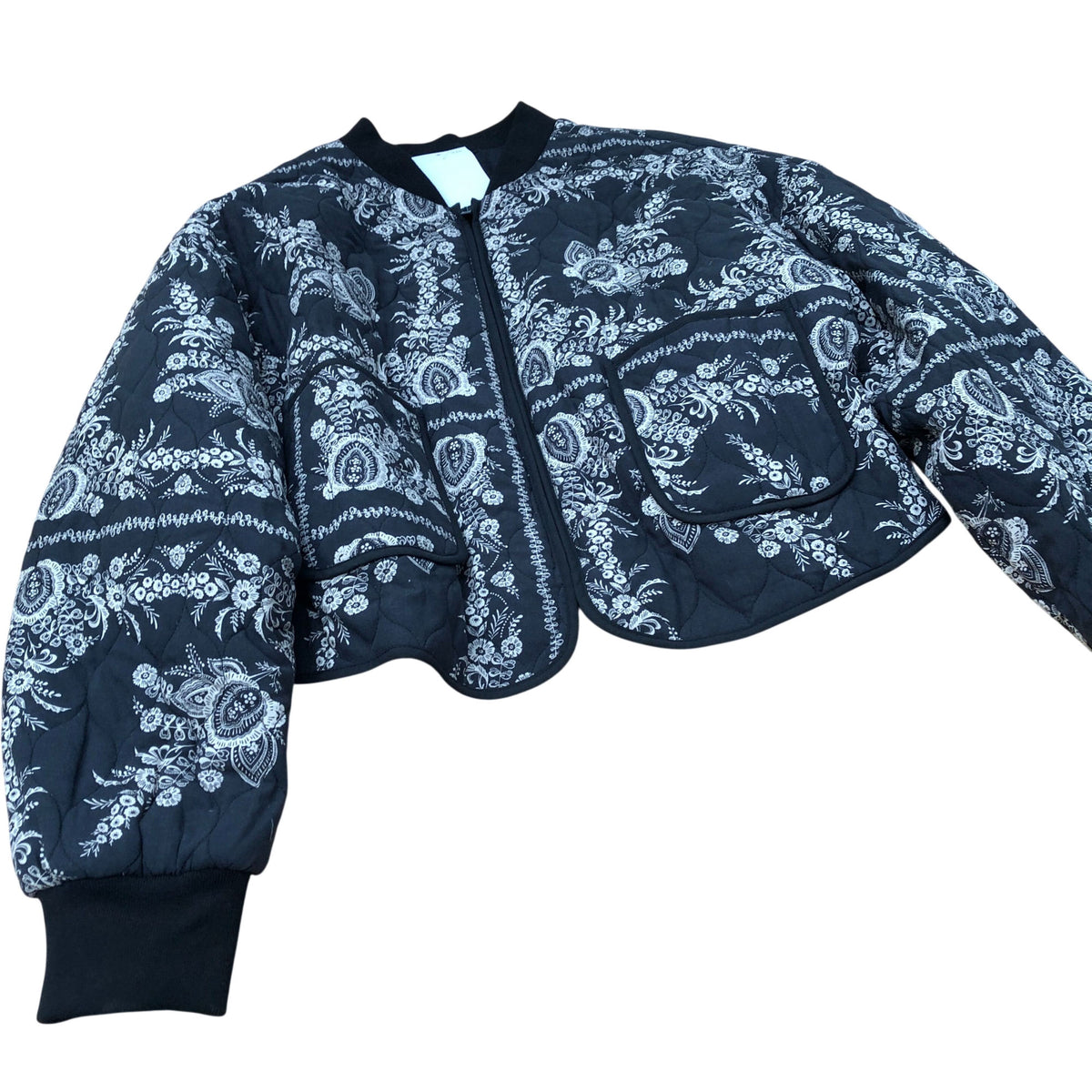 Floral Cropped Bomber Jacket Women's Black Quilted UK18