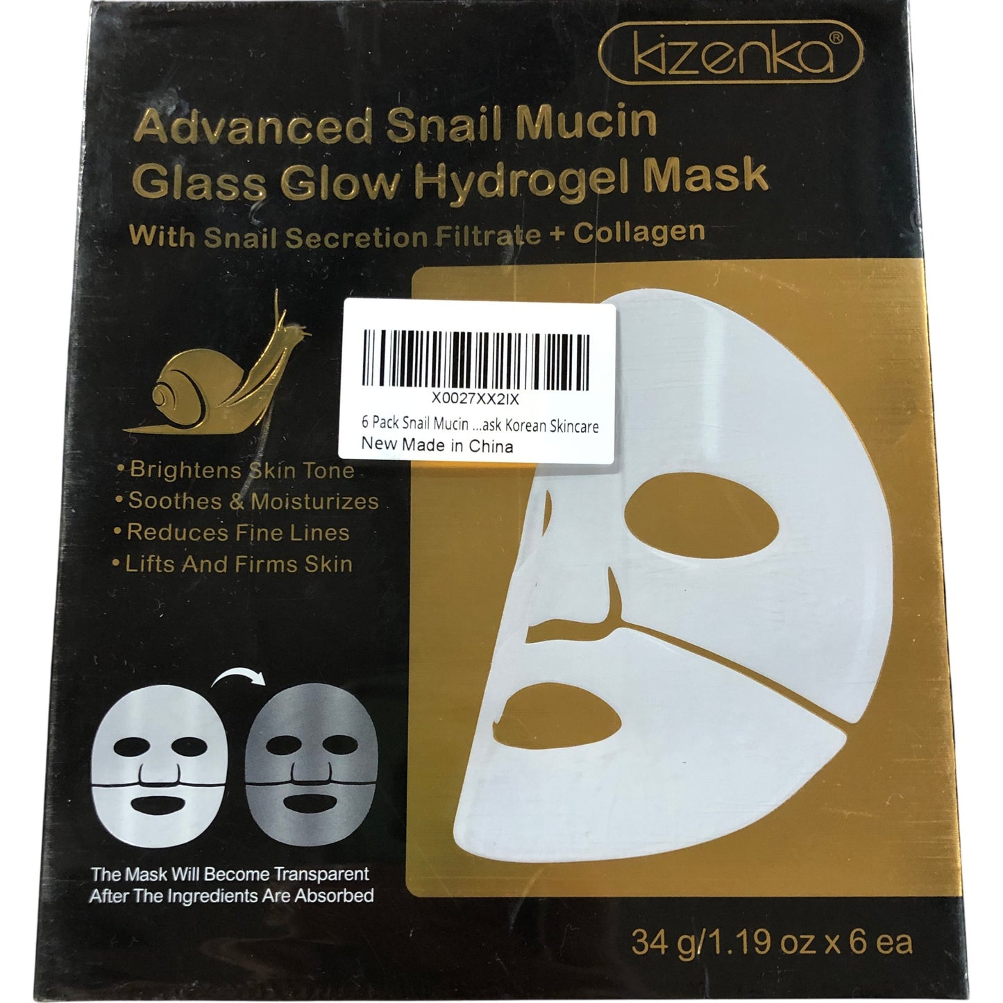 Kizenka Advanced Snail Mucin Glass Glow Hydrogel Mask 6 Pack Korean Skincare