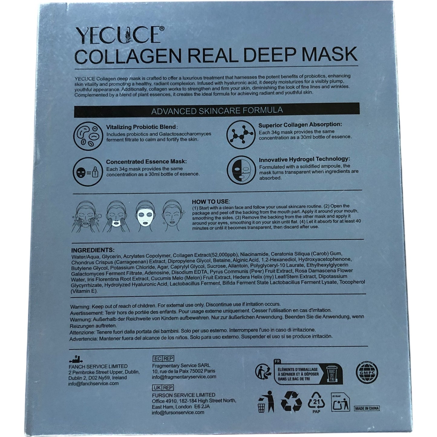 YECUCE Collagen Deep Hydration Mask 6 Pack Advanced Skincare Probiotic Blend