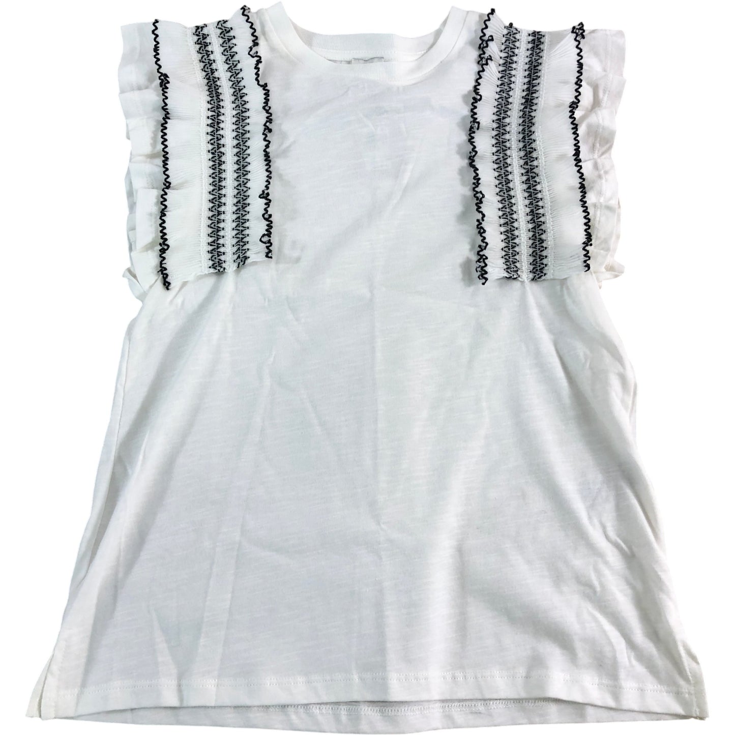 RIVER ISLAND Girls Top UK9-10 Years White Ruffle Sleeve Embroidered Design