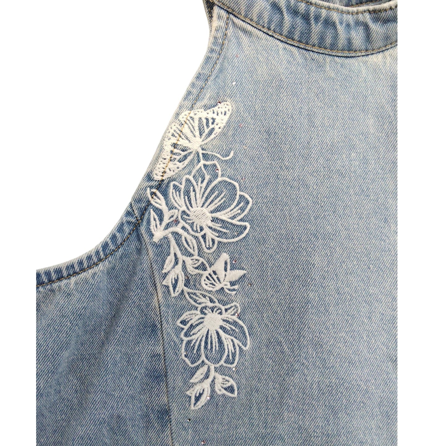 River Island Denim Tank Top 12YRS Women's Floral Embroidery Light Blue