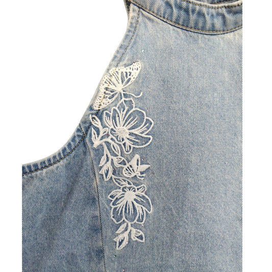 River Island Denim Tank Top 12YRS Women's Floral Embroidery Light Blue