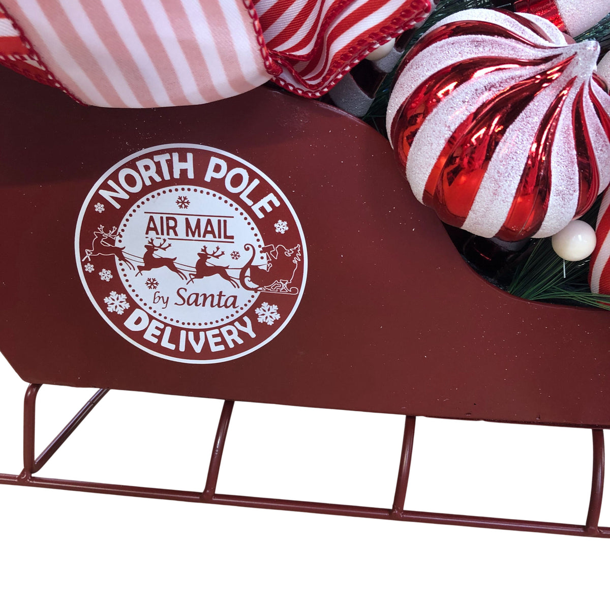 Festive Christmas Sleigh Decoration with Red Glitter Ornaments & Bows
