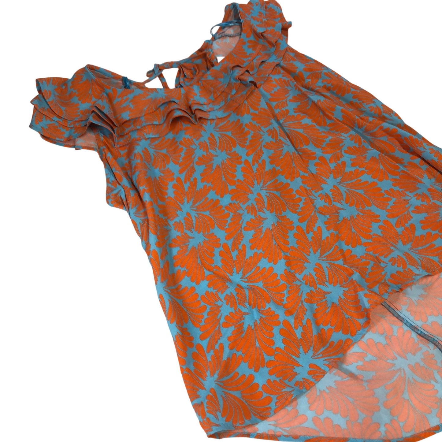 Floral Design Blouse Women's Short Sleeve Ruffle Blue Orange UK6