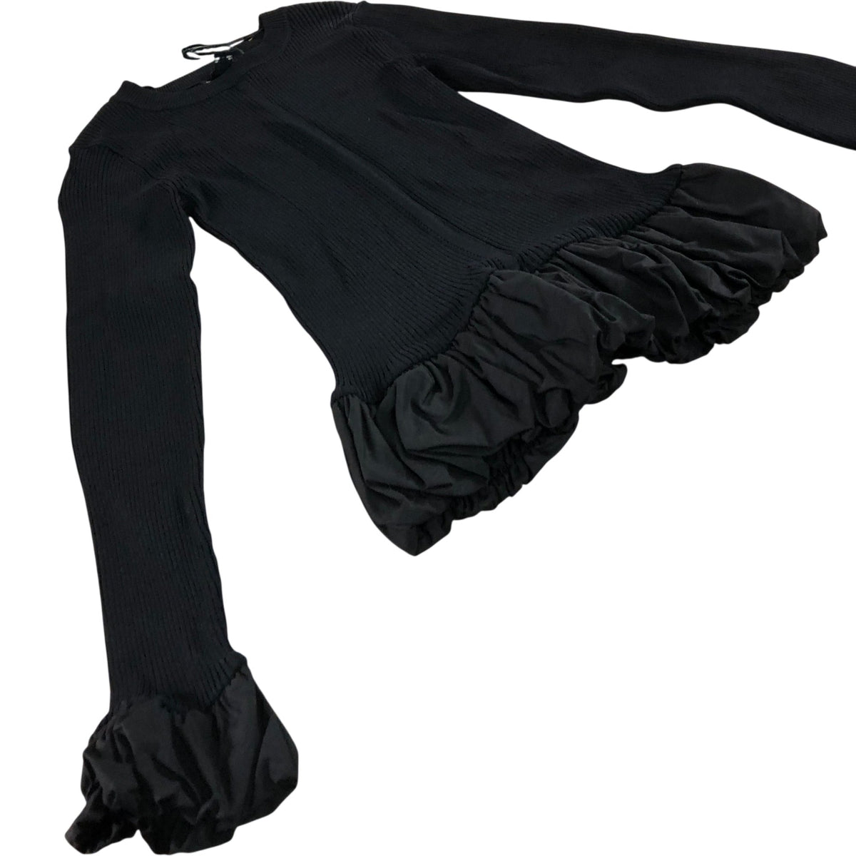 River Island Black Ruffled Hem Long Sleeve Top Women's Ribbed Knit Fashion UK8