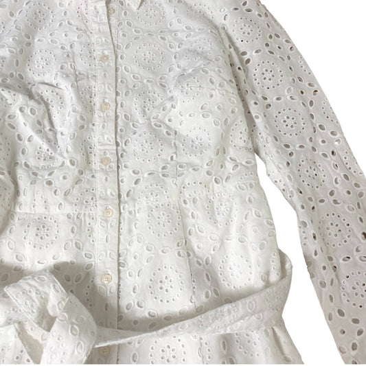 White Eyelet Button Dress UK14 Women's Long Sleeve Tie Waist Summer Style