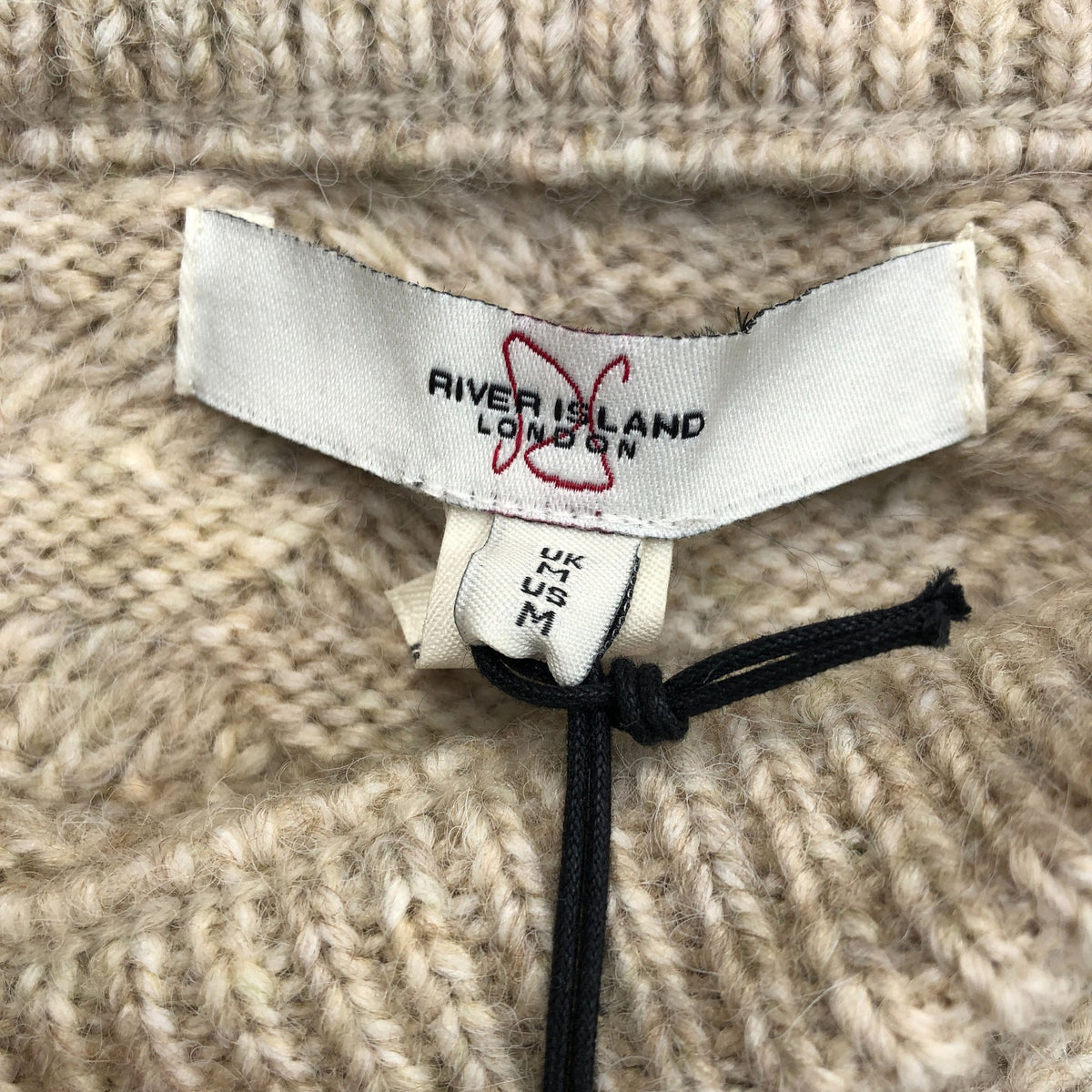 River Island Chunky Knit Sweater Wool Blend Cream Herringbone Pattern Size M