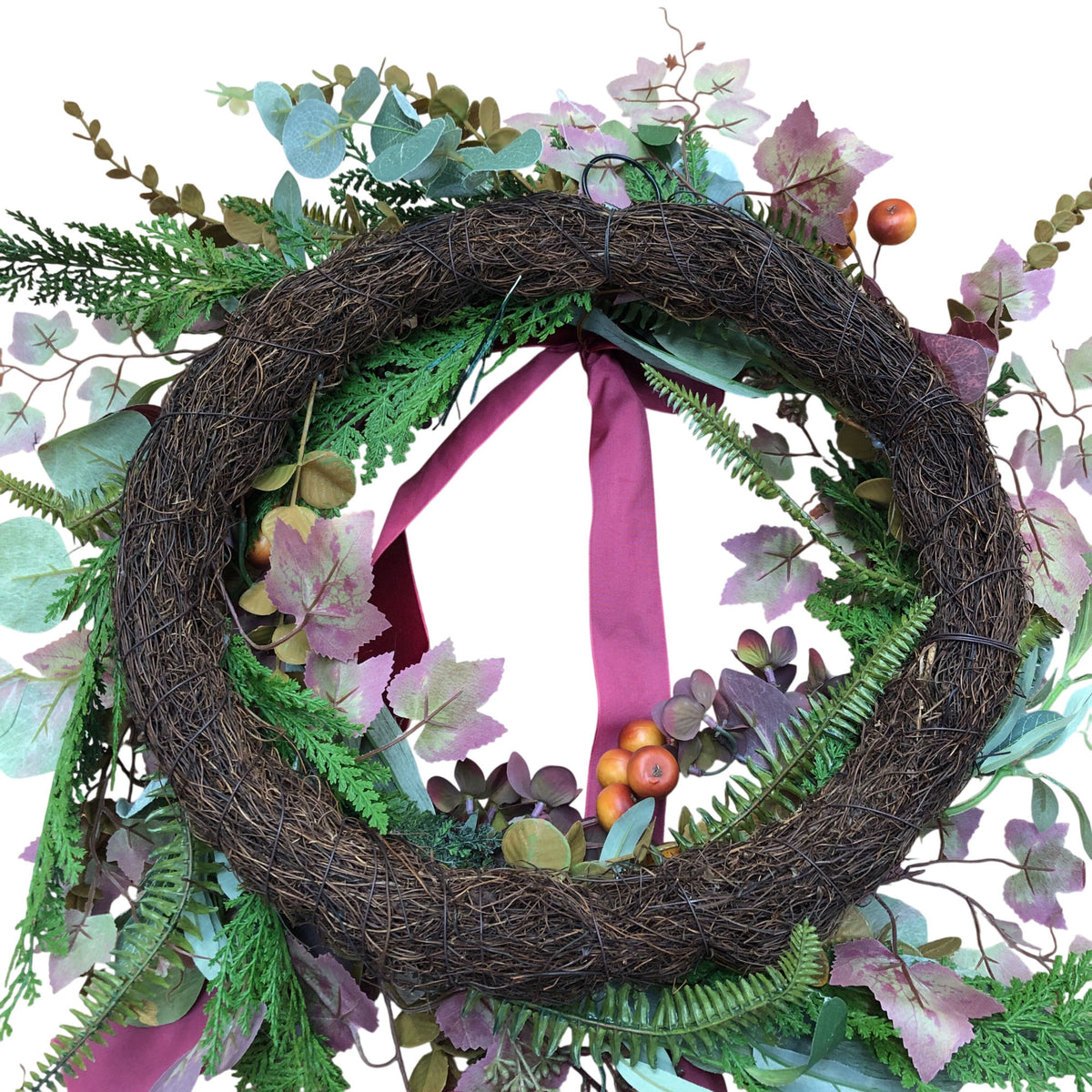 Faux Floral Wreath With Red Velvet Bow Autumn Decoration 18 Inch