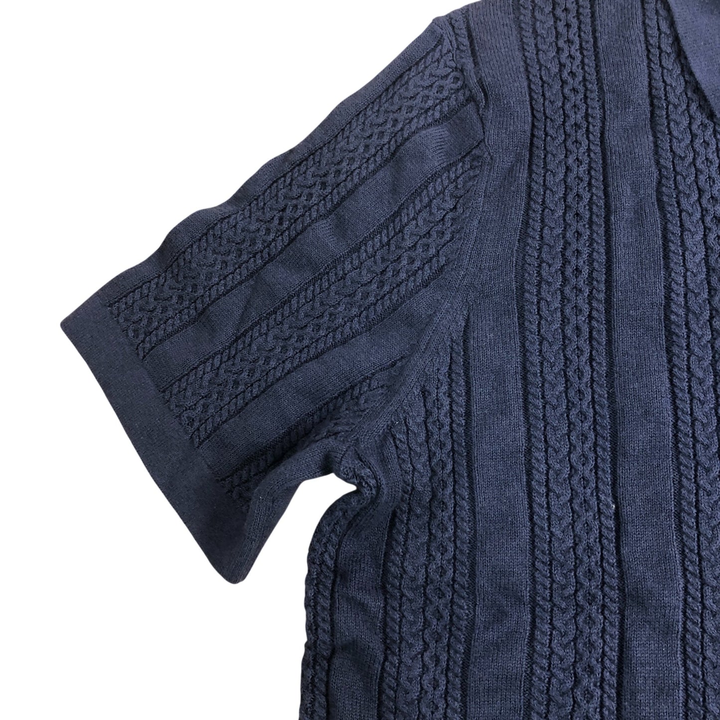 Branded Men's Cable Knit Polo Shirt Size L Navy Blue Cotton