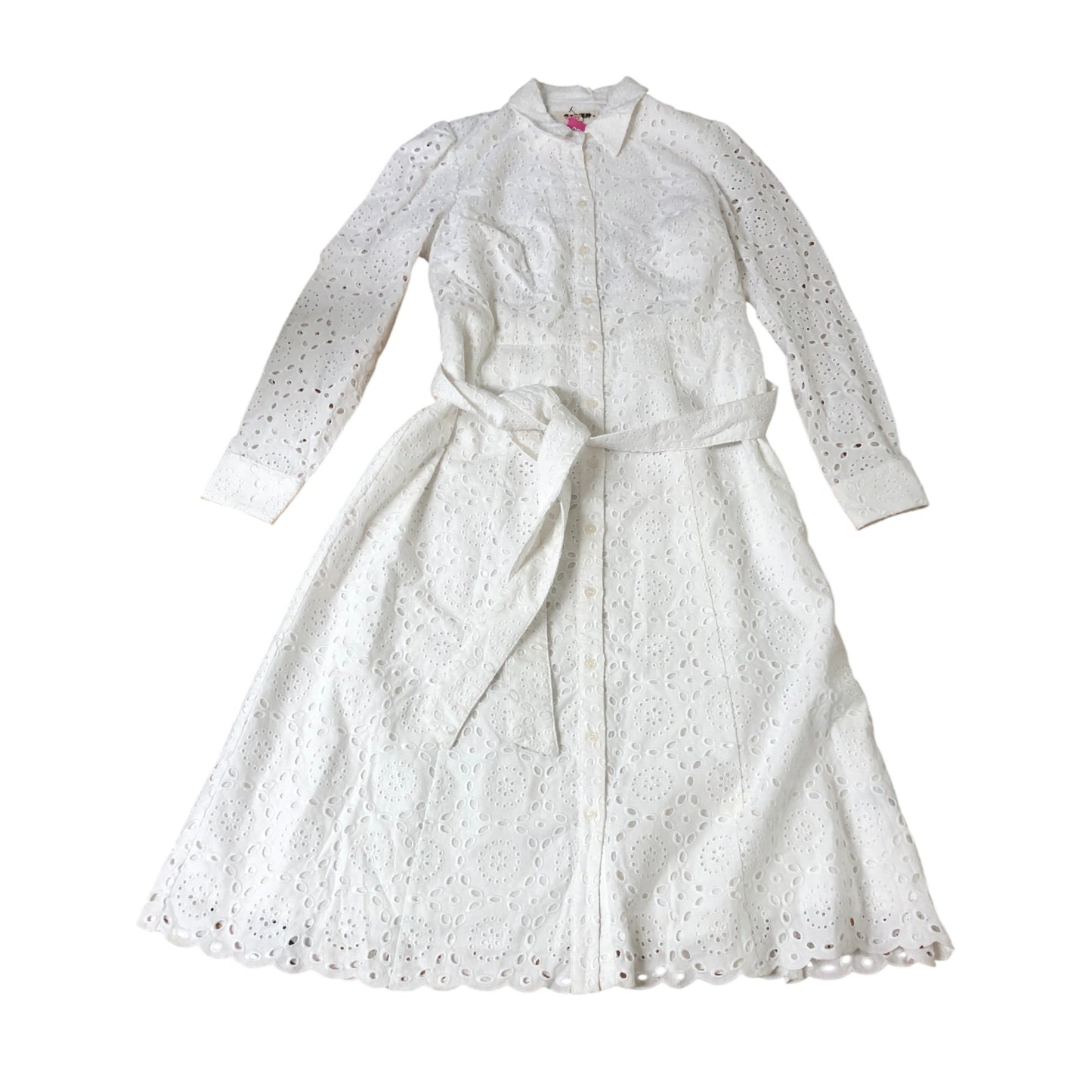 White Eyelet Button Dress UK14 Women's Long Sleeve Tie Waist Summer Style