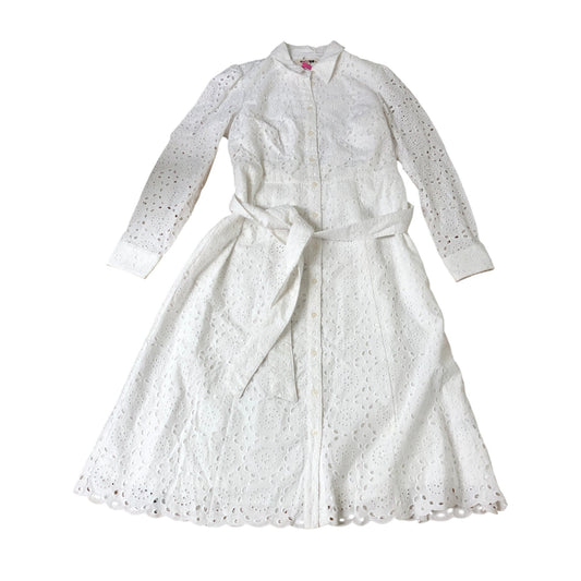 White Eyelet Button Dress UK14 Women's Long Sleeve Tie Waist Summer Style