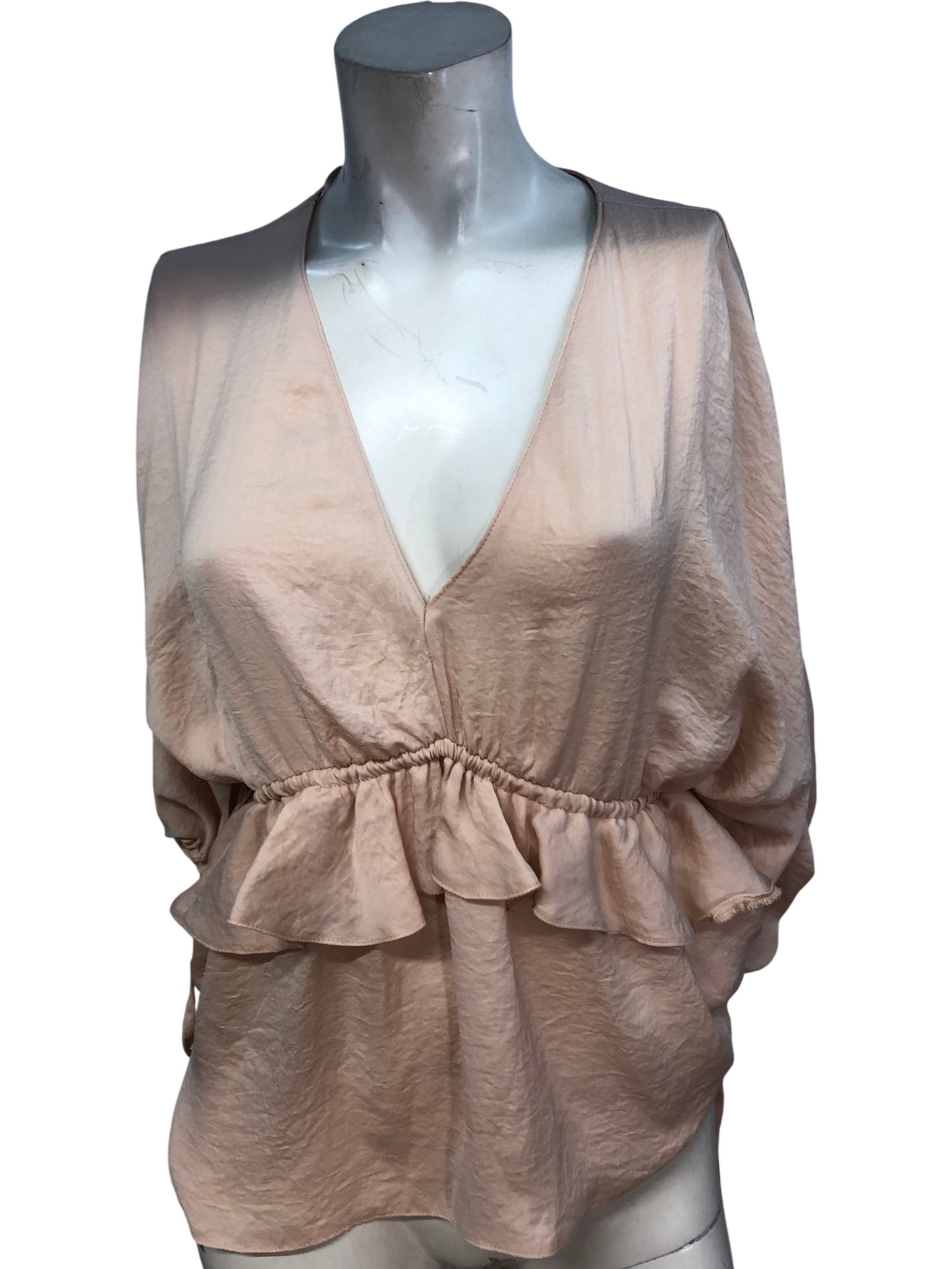 River Island Casual Blouse UK10 Women's Beige Long Sleeve Ruffle Detail Top