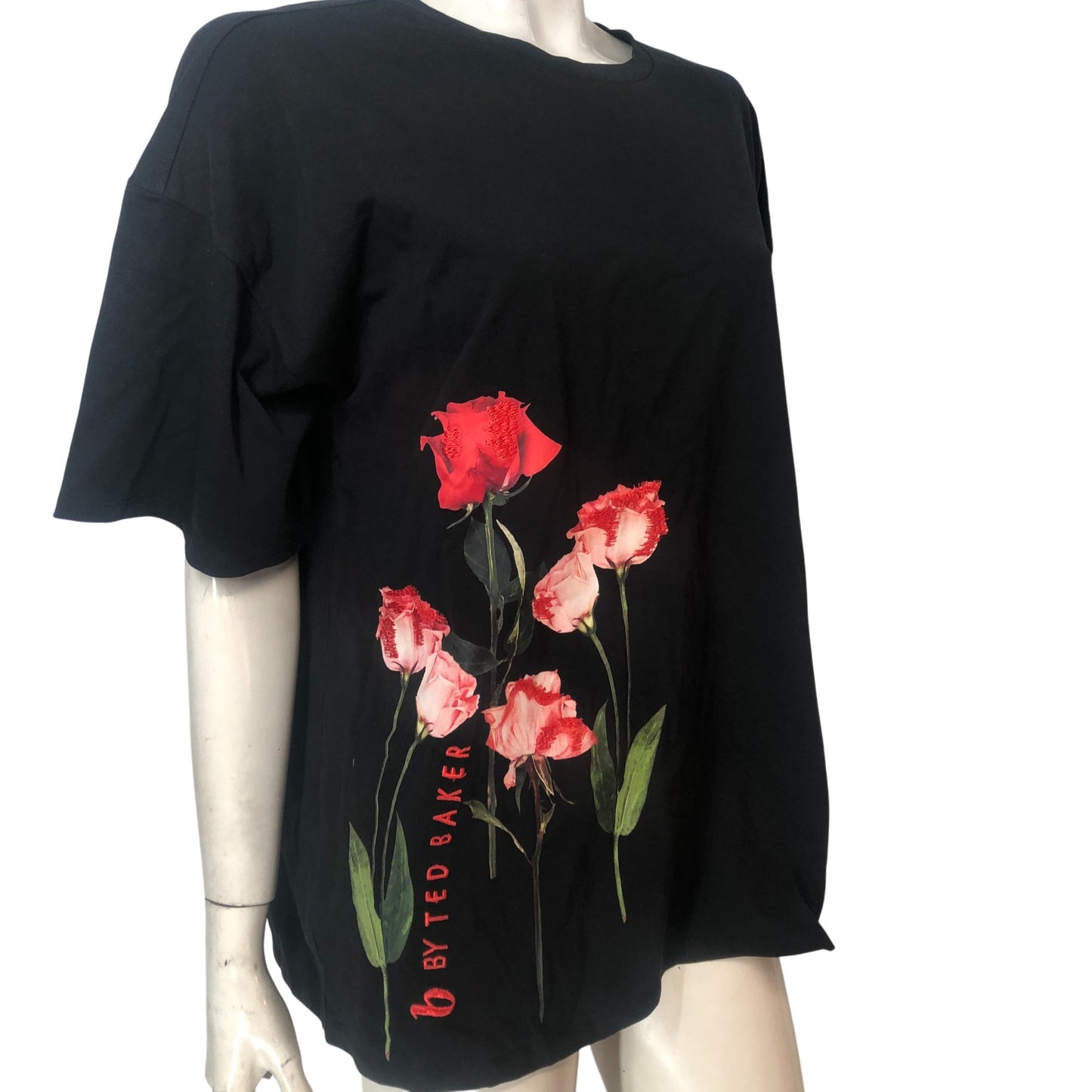 Ted Baker Floral Print T-Shirt UK12 Women's Black Cotton Short Sleeve Top