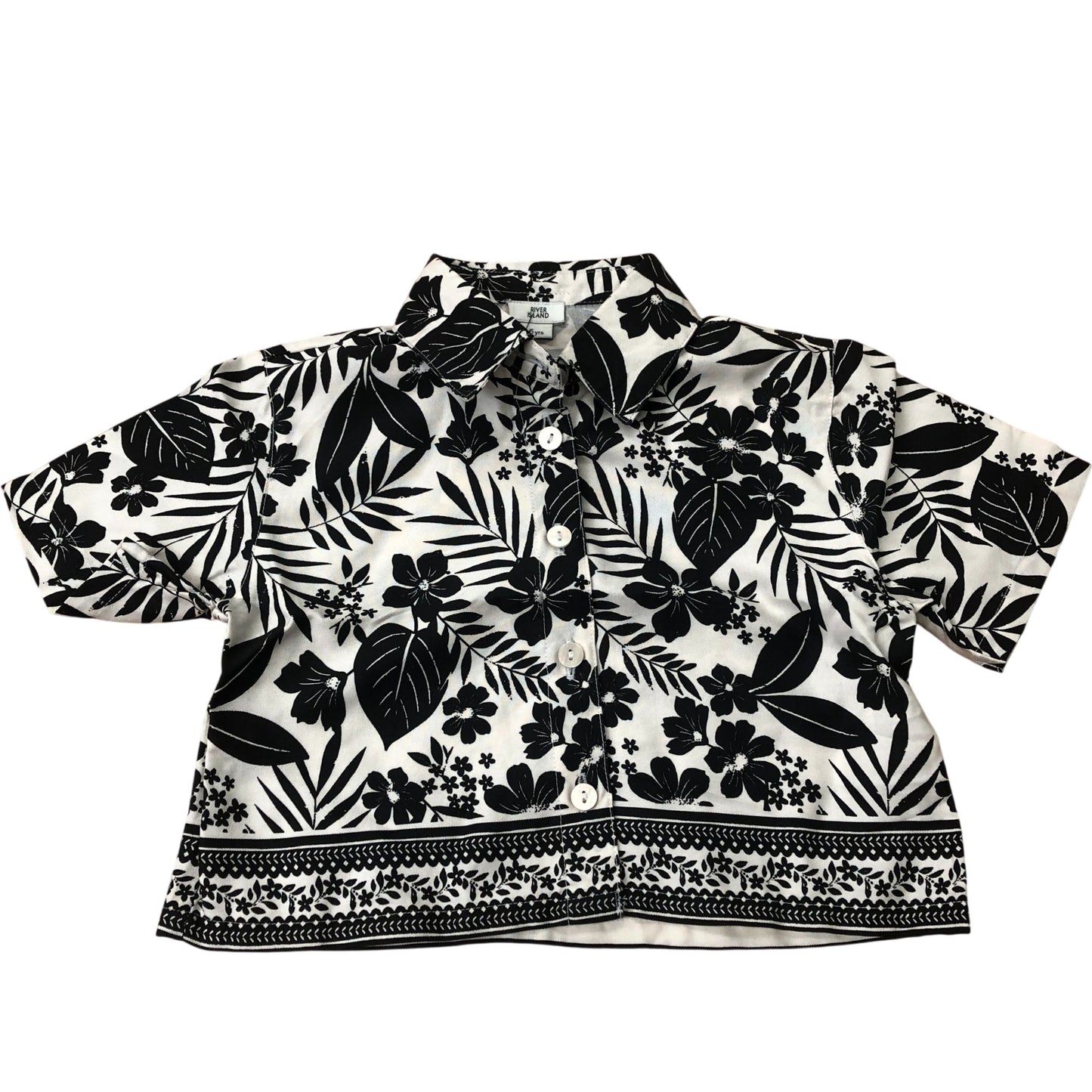 River Island Short Sleeve Tropical Shirt 100% Lyocell Black Floral Print 6 Years