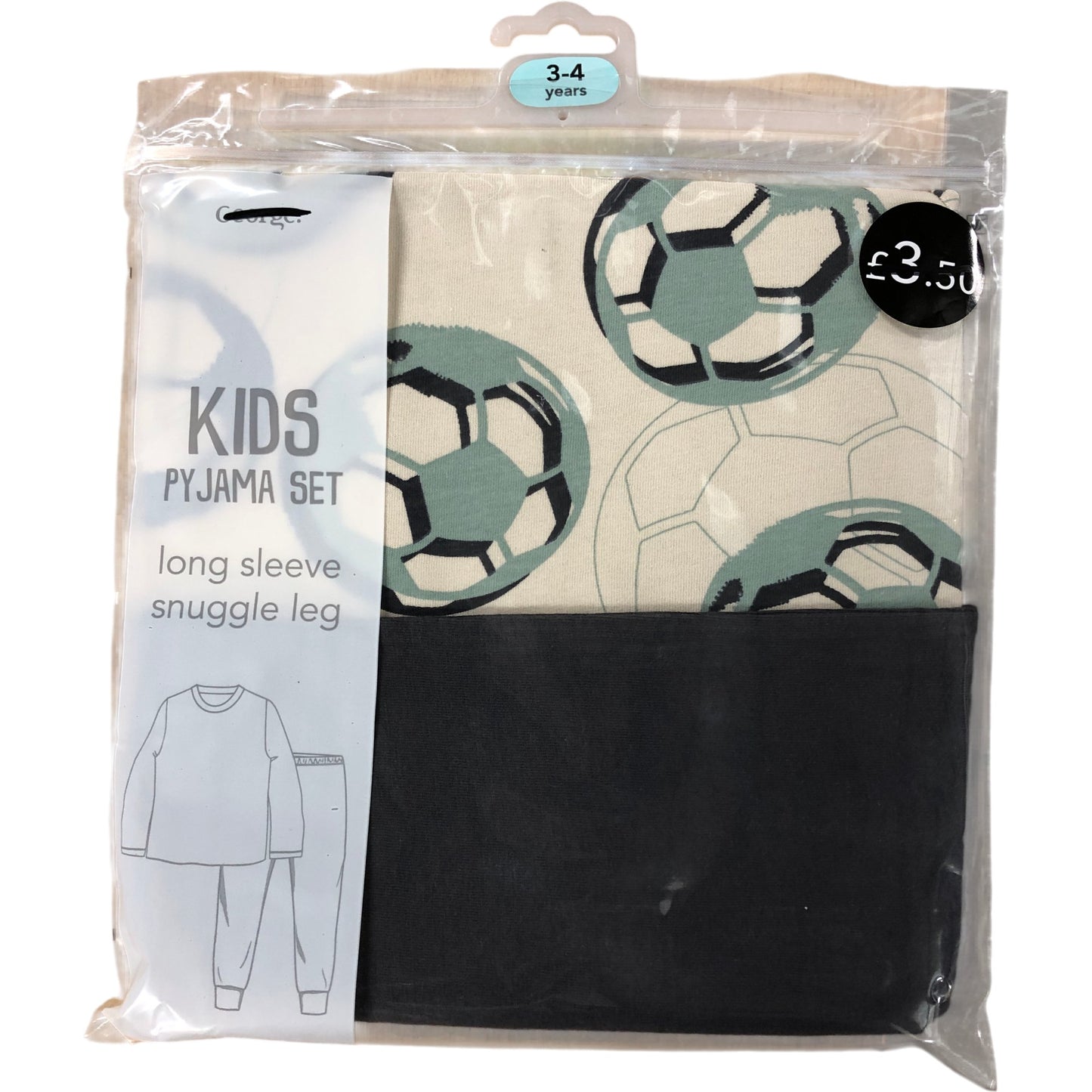 Kids Pyjama Set 3-4 Years Long Sleeve Snuggle Leg Football Design Grey