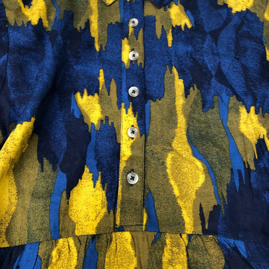 Viscose Dress UK Women's Long Sleeve Tiered Blue Yellow Print Size 12